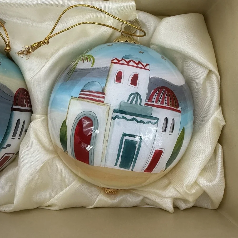 Three Hand‎ Painted Pier One Li Bien 2018 Christmas Ornaments w/ 3 Position Box